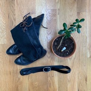 Anthropologie Black Leather Boots and Fossil Belt